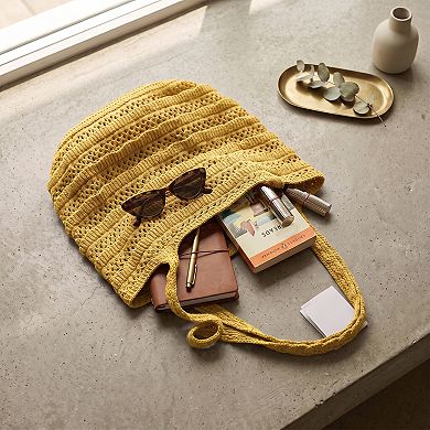 Womens Crochet Knit Tote Bag with Openwork Ruffle Design and Long Handles