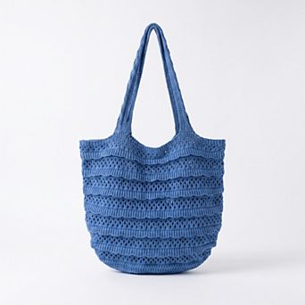 Womens Crochet Knit Tote Bag with Openwork Ruffle Design and Long Handles