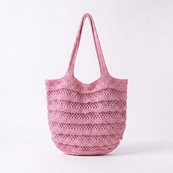 Womens Crochet Knit Tote Bag with Openwork Ruffle Design and Long Handles