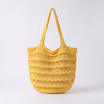 Womens Crochet Knit Tote Bag with Openwork Ruffle Design and Long Handles