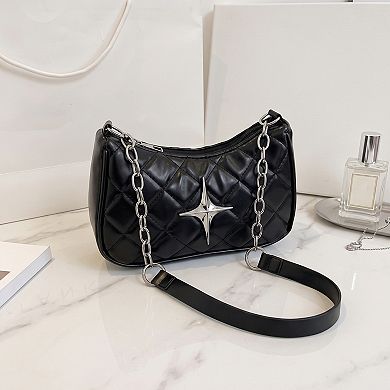 Womens Quilted Shoulder Bag with Chain Strap and Star Accent