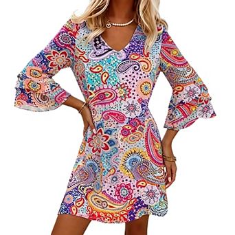Women V Neck Tiered Bell Sleeve Mini Dress Paisley Floral Print Loose Flowy Beach Sundress