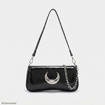 Women's Glossy Crescent Accent Flap Shoulder Bag with Chain Detail