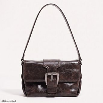 Women's Distressed-Look Flap Shoulder Bag with Metal Clasp