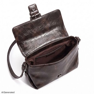 Women's Distressed-Look Flap Shoulder Bag with Metal Clasp
