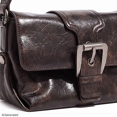 Women's Distressed-Look Flap Shoulder Bag with Metal Clasp