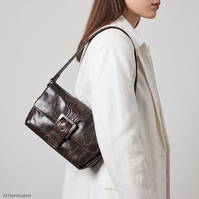 Women's Distressed-Look Flap Shoulder Bag with Metal Clasp