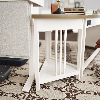 YIORTWO Fan Shaped Corner Desk with Storage Shelf Wood Side Table