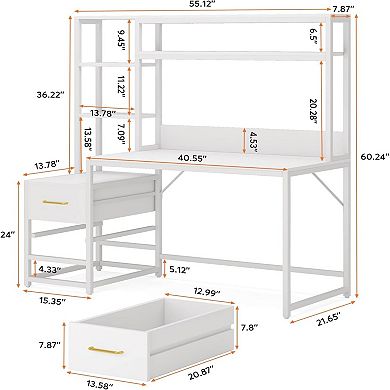 YIORTWO Tall Computer Desk with Hutch Drawers and Storage Shelves