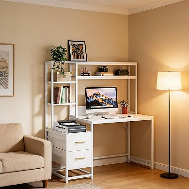 YIORTWO Tall Computer Desk with Hutch Drawers and Storage Shelves