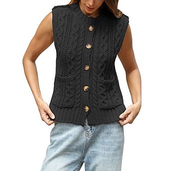 Women Crew Neck Sleeveless Cable Knit Vest Button Front Cardigan Tank with Pockets