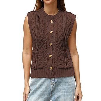 Women Crew Neck Sleeveless Cable Knit Vest Button Front Cardigan Tank with Pockets