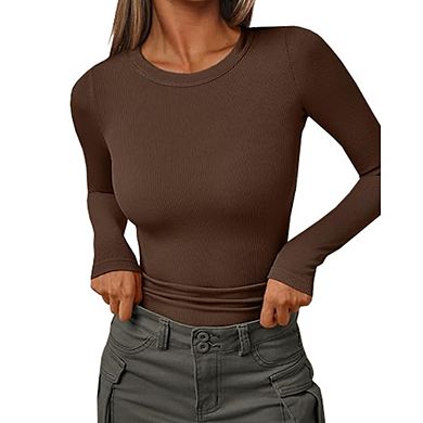 2PCS Round Neck Ribbed Long Sleeve Fitted Casual Basic T Shirts for Women