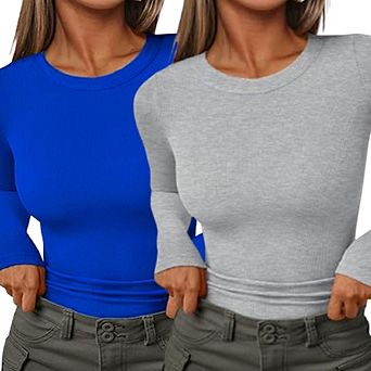 2 pc Round Neck Ribbed Long Sleeve Fitted Casual Basic T Shirts for Women