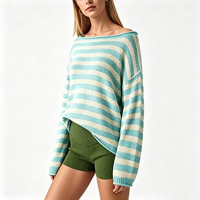 Relaxed Off Shoulder Long Sleeve Knit Pullover Sweater for Women