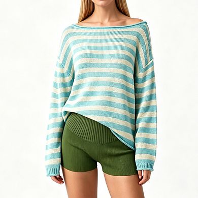 Relaxed Off Shoulder Long Sleeve Knit Pullover Sweater for Women