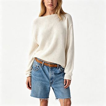 Relaxed Off Shoulder Long Sleeve Knit Pullover Sweater for Women