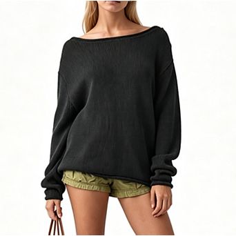 Relaxed Off Shoulder Long Sleeve Knit Pullover Sweater for Women