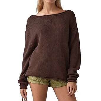 Relaxed Off Shoulder Long Sleeve Knit Pullover Sweater for Women