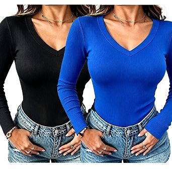 2 Pack Women's Wrap Front V-Neck Ribbed Long Sleeve Slim Fit Tops