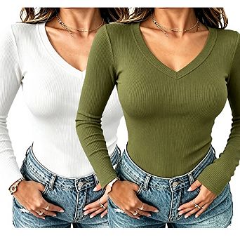 2 Pack Women's Wrap Front V-Neck Ribbed Long Sleeve Slim Fit Tops