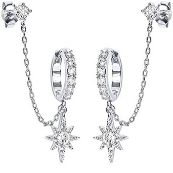 14K Gold Plated Double Piercing Chain Hoop Earrings Cubic Zirconia for Her