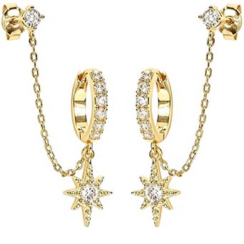 14K Gold Plated Double Piercing Chain Hoop Earrings Cubic Zirconia for Her