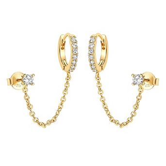 14K Gold Plated Chain Huggie Hoop Earrings with Cubic Zirconia for Women