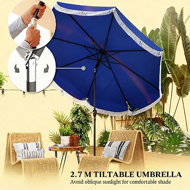 8.8ft Tassel Patio Umbrella, UPF30+ Windproof Canopy with Crank & Push Button Tilt