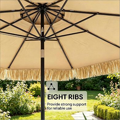 8.5ft Hawaiian Tassel Patio Umbrella, Double-Tier UPF30+ Windproof Canopy
