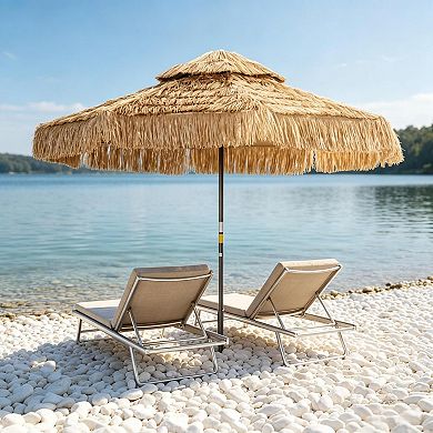 8.5ft Hawaiian Tassel Patio Umbrella, Double-Tier UPF30+ Windproof Canopy