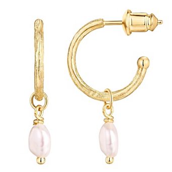 14K Gold Plated Silver Post Textured Hoop Genuine Pearl Dangle Earrings Gift for Her
