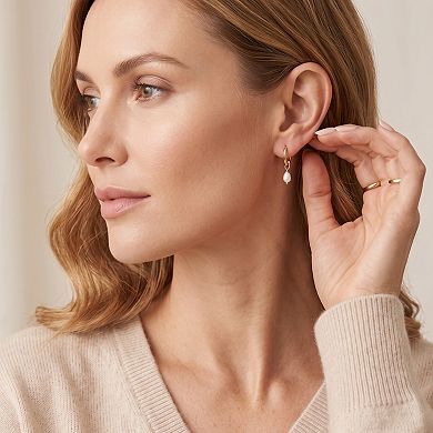 14K Gold Plated Silver Post Textured Hoop Genuine Pearl Dangle Earrings Gift for Her