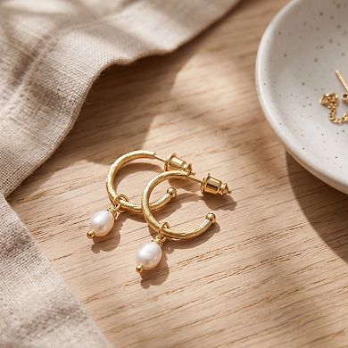 14K Gold Plated Silver Post Textured Hoop Genuine Pearl Dangle Earrings Gift for Her