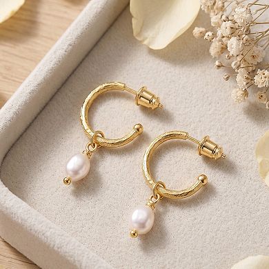 14K Gold Plated Silver Post Textured Hoop Genuine Pearl Dangle Earrings Gift for Her