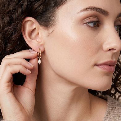 14K Gold Plated Silver Post Textured Hoop Genuine Pearl Dangle Earrings Gift for Her
