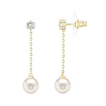 14K Gold Plated Cubic Zirconia Elegant Single Pearl Chain Dangle Earrings Gift for Her