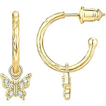 14K Gold Plated Silver Post Textured Hoop Cubic Zirconia Butterfly Earrings Gift for Her