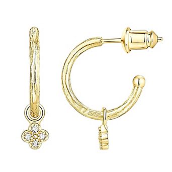 14K Gold Plated Silver Post Textured Hoop Cubic Zirconia Clover Earrings Gift for Her