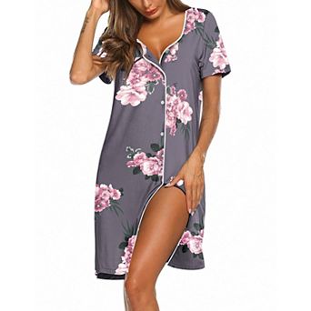 Ekouaer Womens Nightgown Button Down Nightshirt Short Sleeve Sleepshirt Soft V Neck Pajama Dress