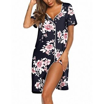 Ekouaer Womens Nightgown Button Down Nightshirt Short Sleeve Sleepshirt Soft V Neck Pajama Dress