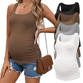 Ekouaer Four Pack Maternity Tank Tops Ribbed Pregnancy Shirts Ruch Side Tops Casual Square Neck