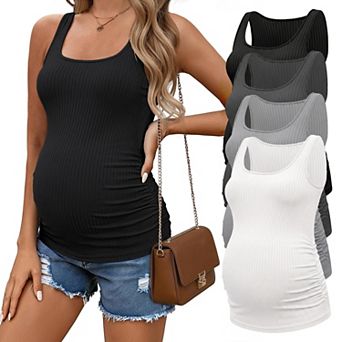 Ekouaer Four Pack Maternity Tank Tops Ribbed Pregnancy Shirts Ruch Side Tops Casual Square Neck