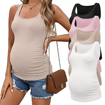 Ekouaer Four Pack Maternity Tank Tops Ribbed Pregnancy Shirts Ruch Side Tops Casual Square Neck