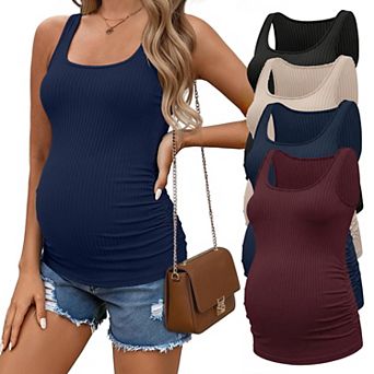 Ekouaer Four Pack Maternity Tank Tops Ribbed Pregnancy Shirts Ruch Side Tops Casual Square Neck
