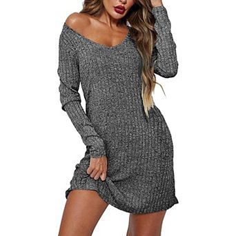 Ekouaer Womens Nightgown Long Sleeve Nightgowns for Women Rib Knit Pajama Dress V Neck Soft