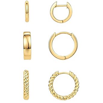 14K Gold Plated Hypoallergenic 3 Pack Rope Huggie Hoop Earrings Set Gift for Her