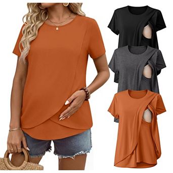 Ekouaer Nursing Shirts Three Pack Short Sleeve Breastfeeding Tops Maternity T Shirts Postpartum