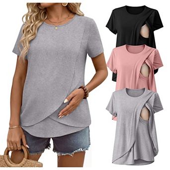 Ekouaer Nursing Shirts Three Pack Short Sleeve Breastfeeding Tops Maternity T Shirts Postpartum