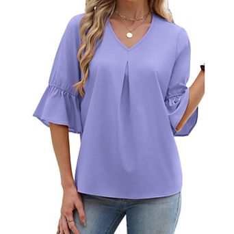 Zeagoo Women's V Neck Front Split Flared Bell Three Quarter Sleeve Women Pullover Blouse